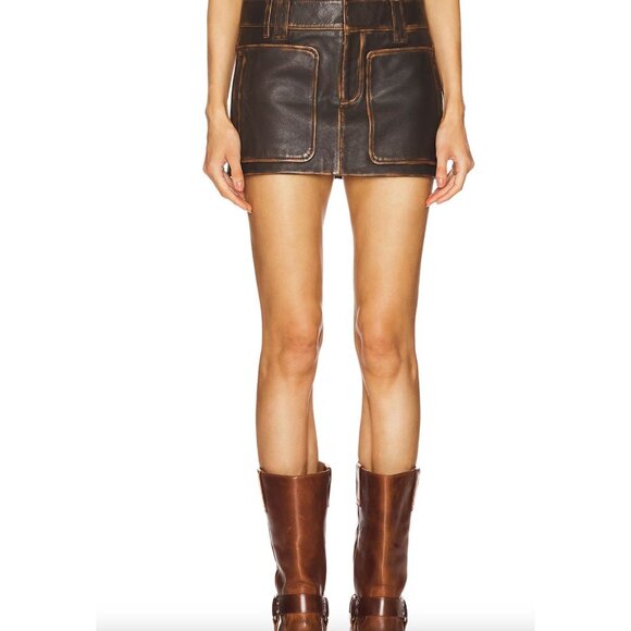 GRLFRND Brown Leather Mini Skirt with Front Pockets NWT - Size Large - Picture 1 of 9